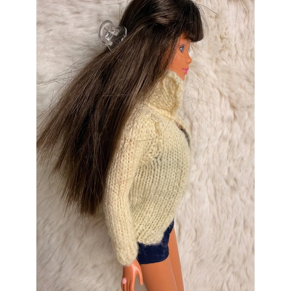 Vintage 1960s Barbie Clone Cream Knitted Cardigan Sweater Doll Funnel Neck